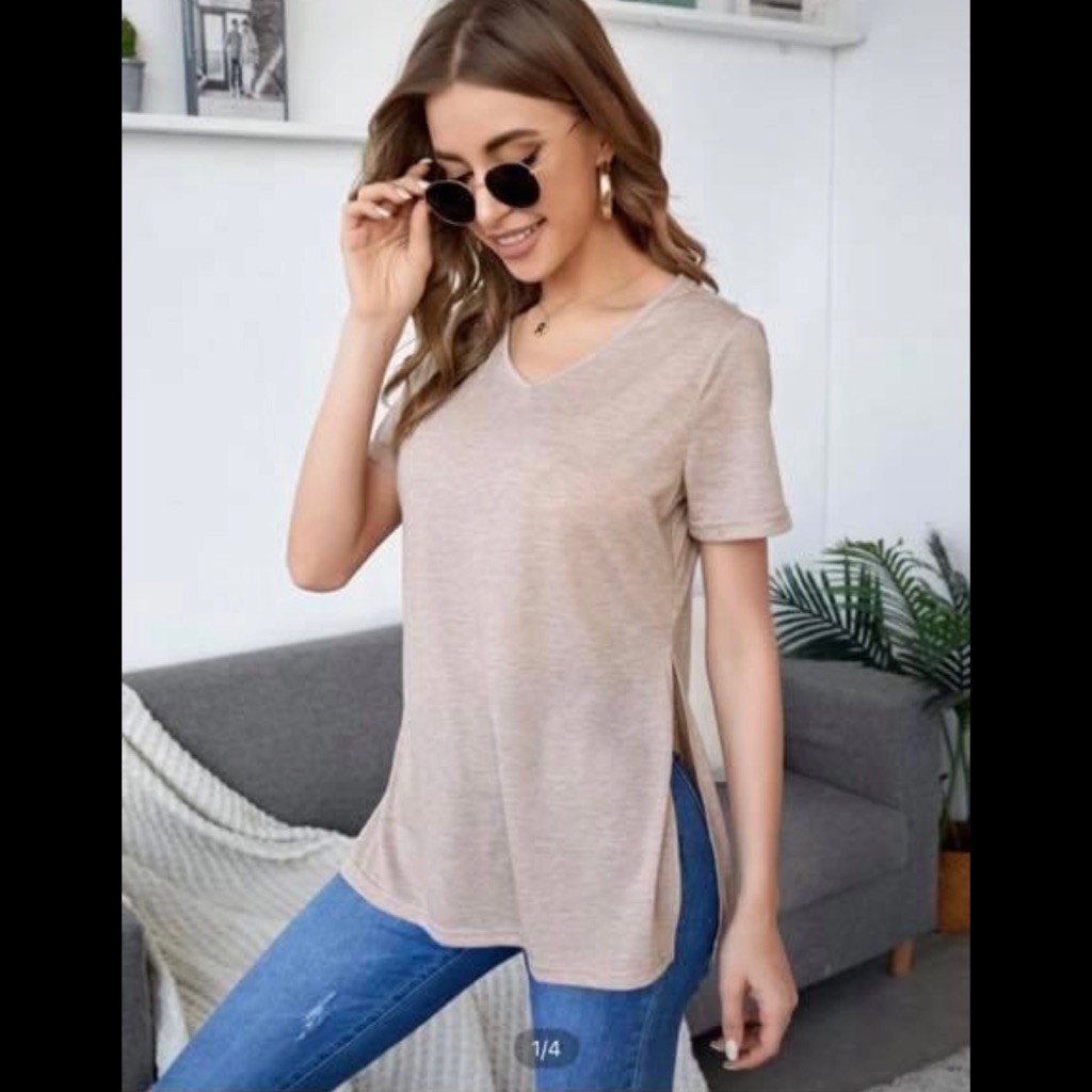 V-Neck Split Side Solid Tee